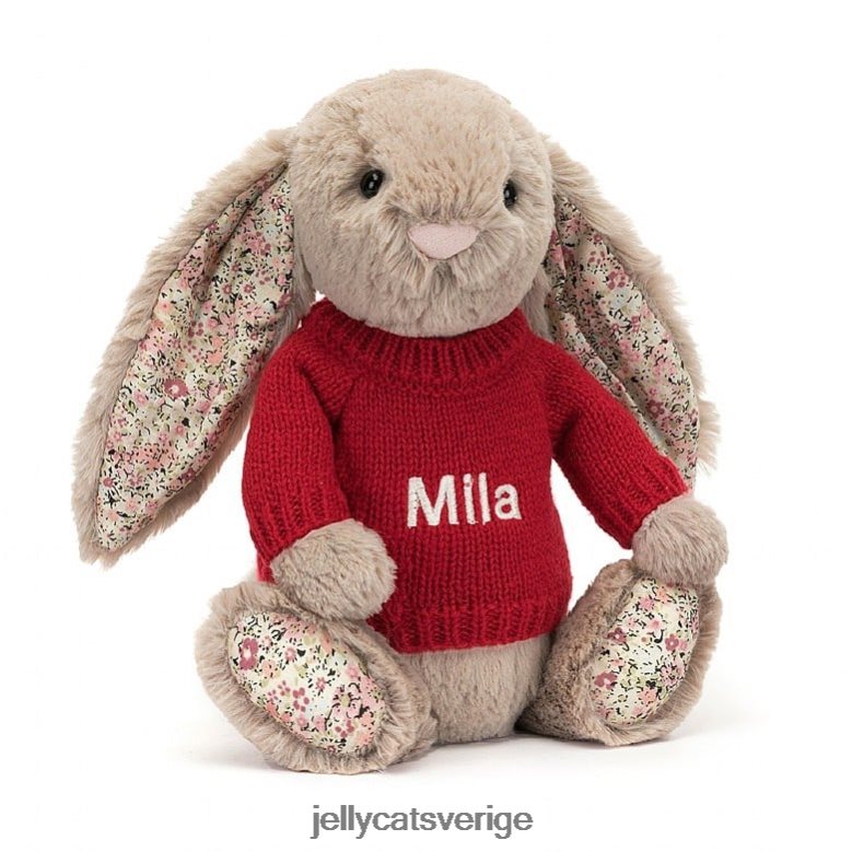 Jellycat leksak blossom bea bunny med personlig röd tröja beige 4206LT334