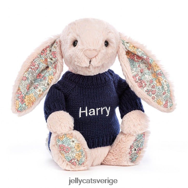 Jellycat leksak blossom blush bunny med personlig marinblå tröja persika 4206LT484