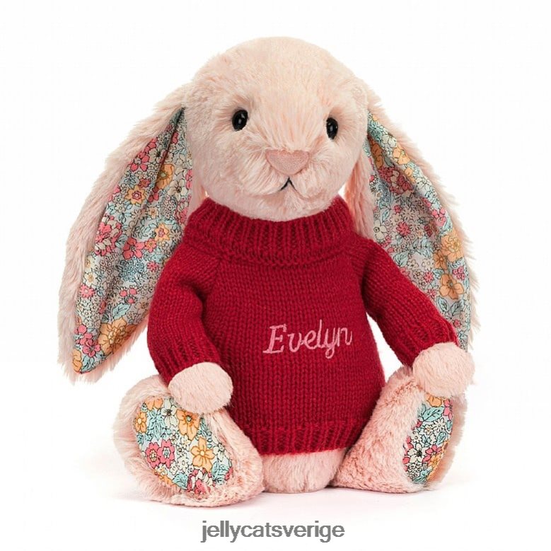 Jellycat leksak blossom blush bunny med personlig röd jumper persika 4206LT425