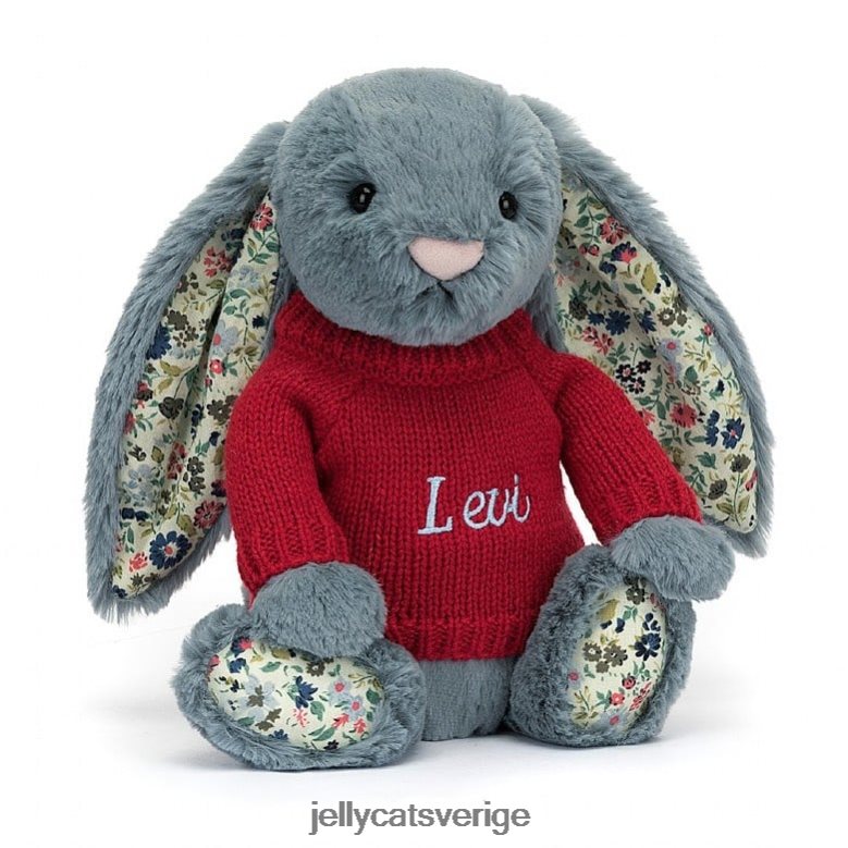 Jellycat leksak blossom dusky bunny med personlig röd tröja blå 4206LT474