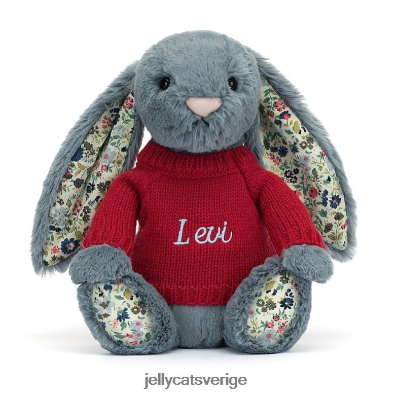 Jellycat leksak blossom dusky bunny med personlig röd tröja blå 4206LT474