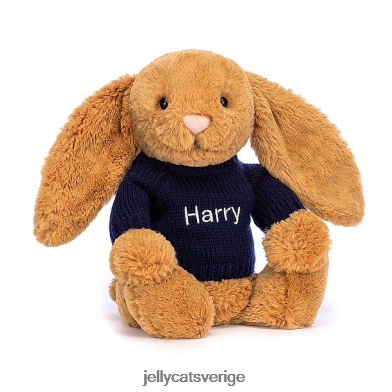 Jellycat leksak bashful sv kanin med personlig marinblå tröja i guld 4206LT471