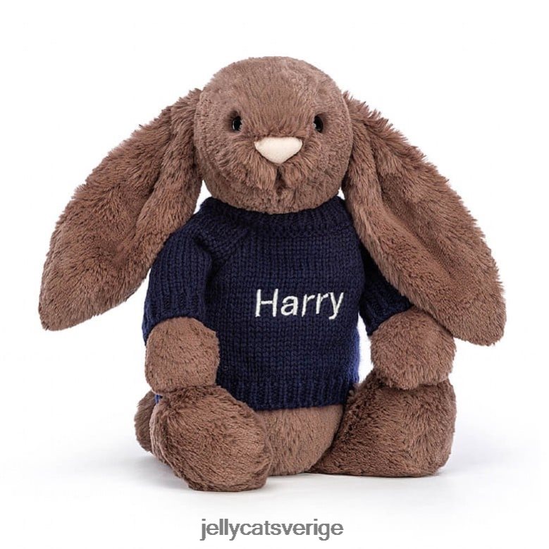 Jellycat leksak blyg fudgekanin med personlig marinblå jumperchoklad 4206LT522