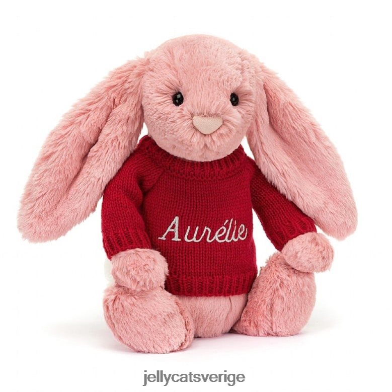 Jellycat leksak blyg kronblad kanin med personlig röd jumper sorbet rosa 4206LT299
