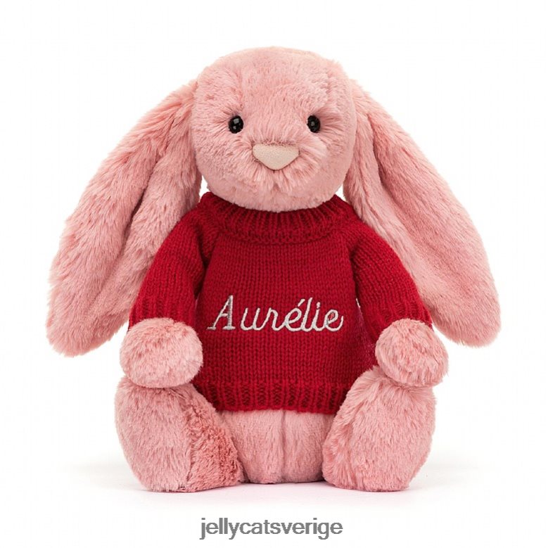 Jellycat leksak blyg kronblad kanin med personlig röd jumper sorbet rosa 4206LT299