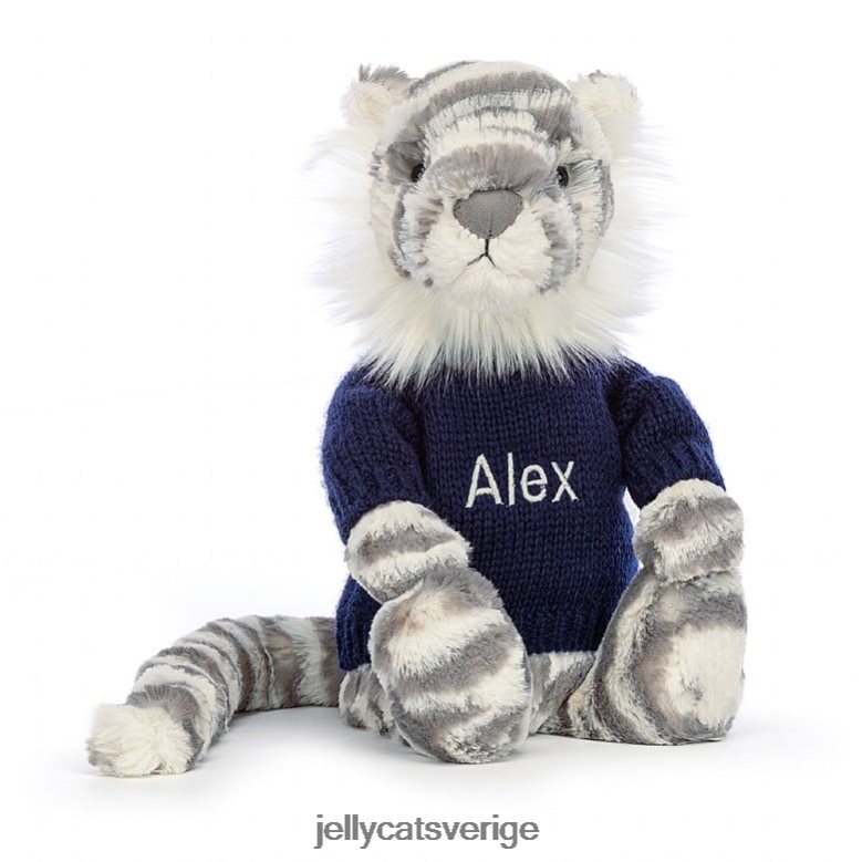 Jellycat leksak blyg snötiger med personlig marin tröja grå och vit 4206LT579