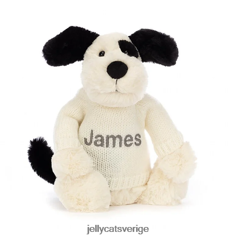 Jellycat leksak blyg svart & gräddvalp med personlig gräddtröja svart och vit 4206LT256