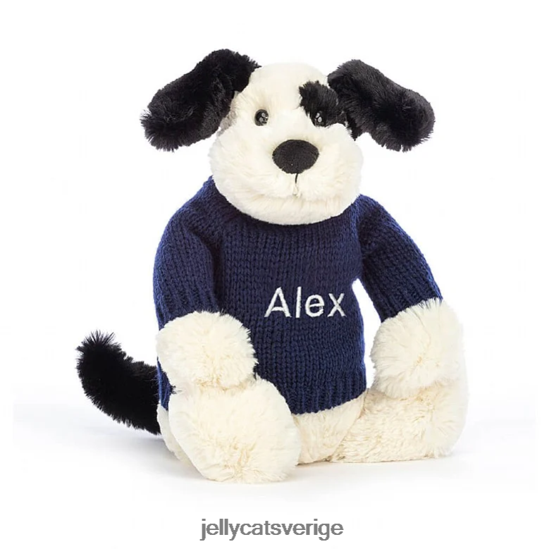 Jellycat leksak blyg svart & gräddvalp med personlig marin tröja svart och vit 4206LT282