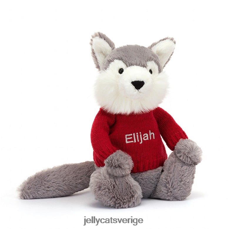 Jellycat leksak blyg varg med personlig röd tröja grå och vit 4206LT241