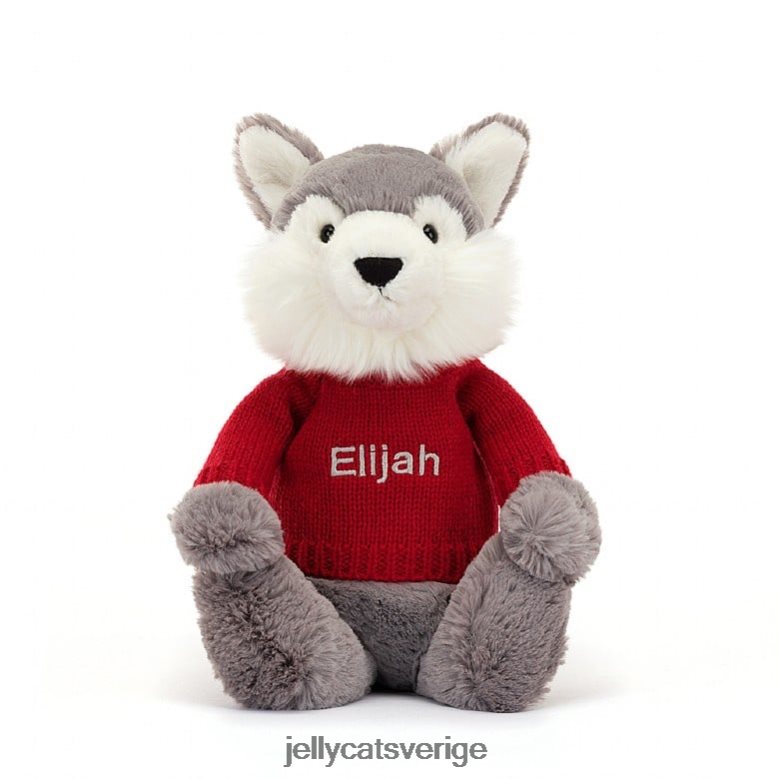Jellycat leksak blyg varg med personlig röd tröja grå och vit 4206LT241
